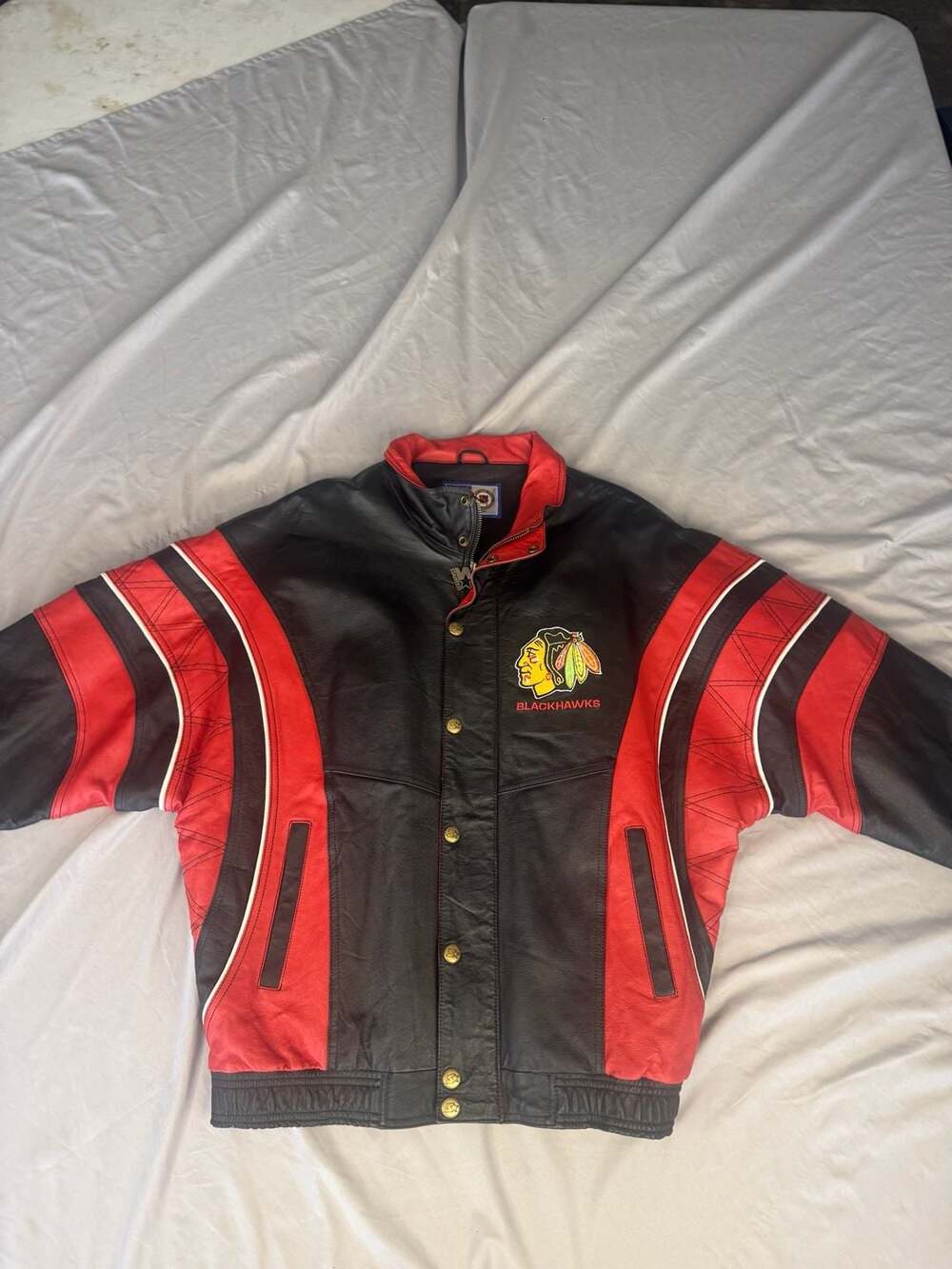 Starter Chicago Blackhawks Leather Jacket Size Large Black Red